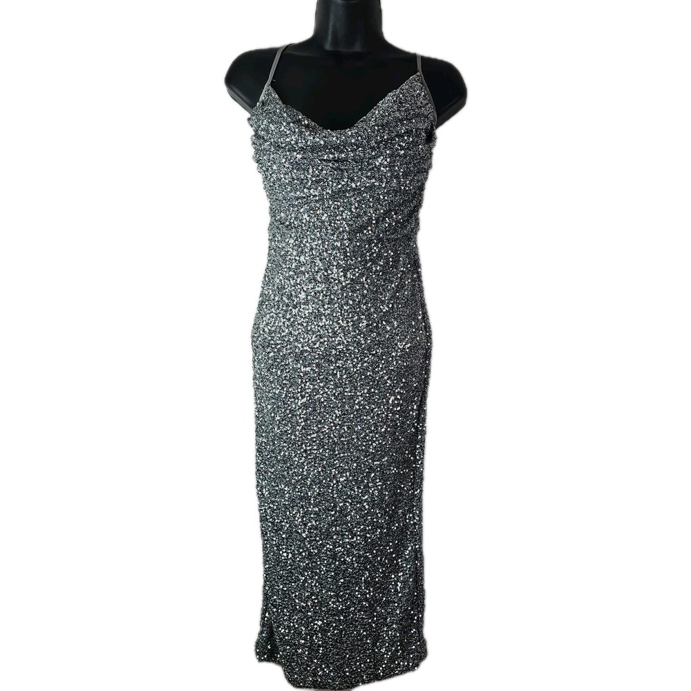 Fashion Nova Womens Large Dress‎ Silver Sequin Slinky Padded Formal Dress NWT